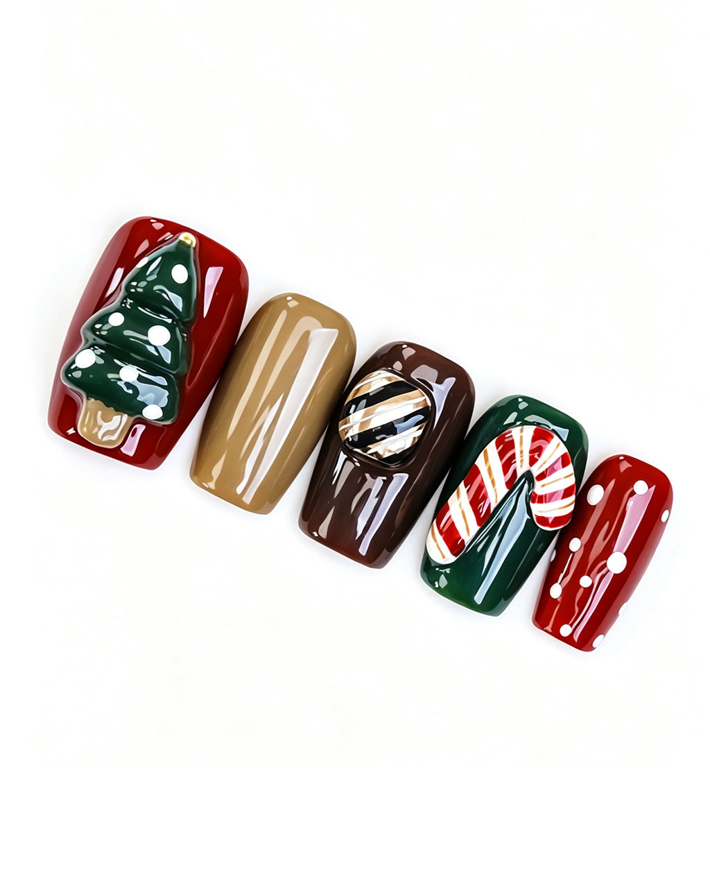 Christmas Fairy Tale | Handcrafted 3D Christmas Tree & Candy Cane Press-On Nails