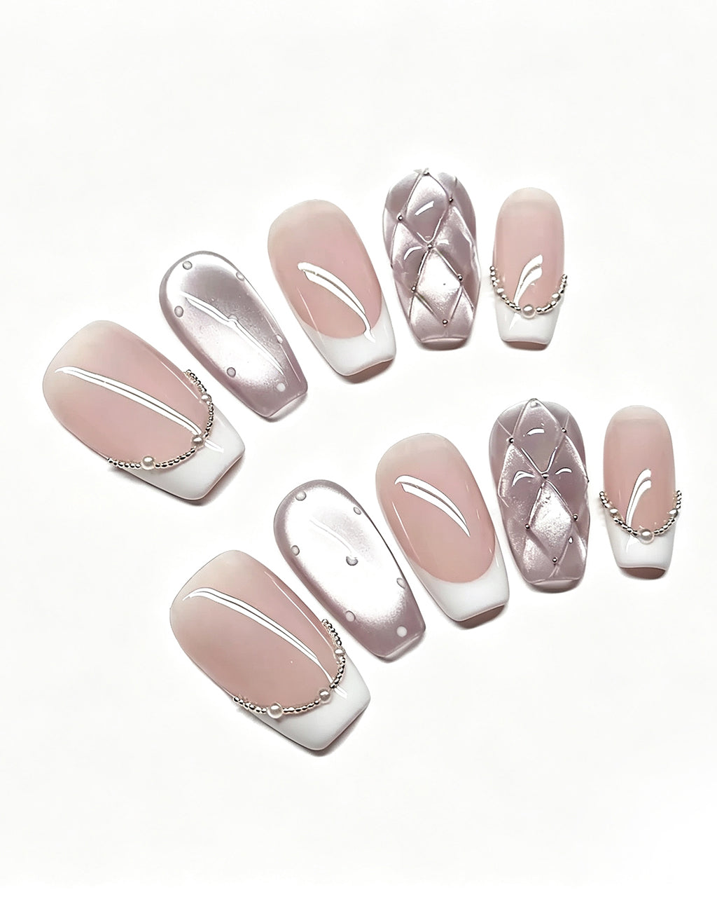 oft & Versatile | Handcrafted Pearl Cat-Eye & 3D Gold Accent Press-On Nails