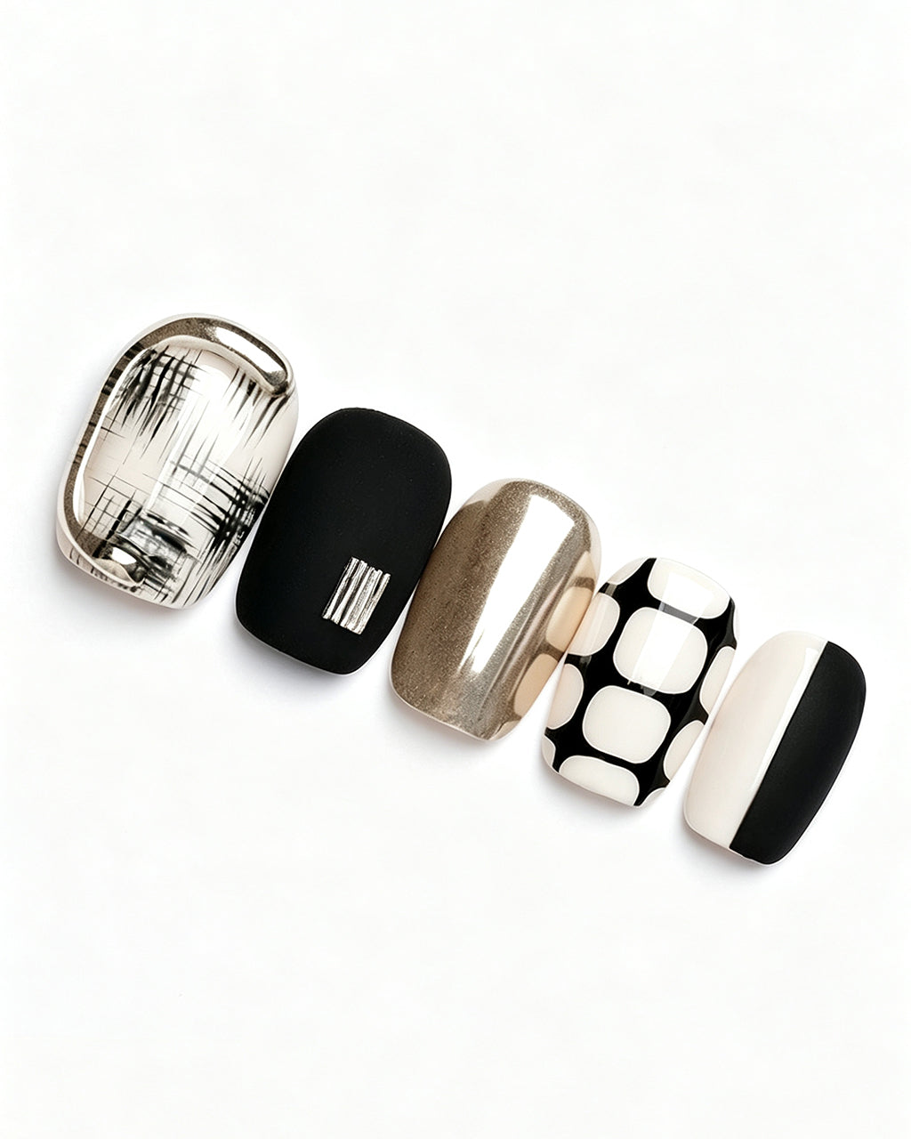 Black and White Tweed Press On Nails - Vintage Plaid & Gold Short Square Nails