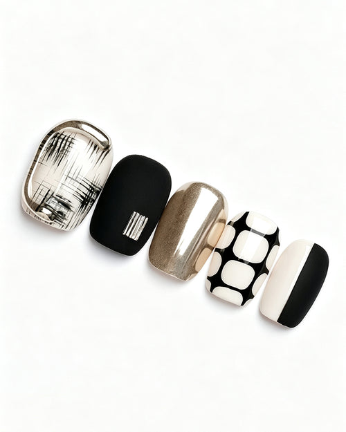 Black and White Tweed Press On Nails - Vintage Plaid & Gold Short Square Nails