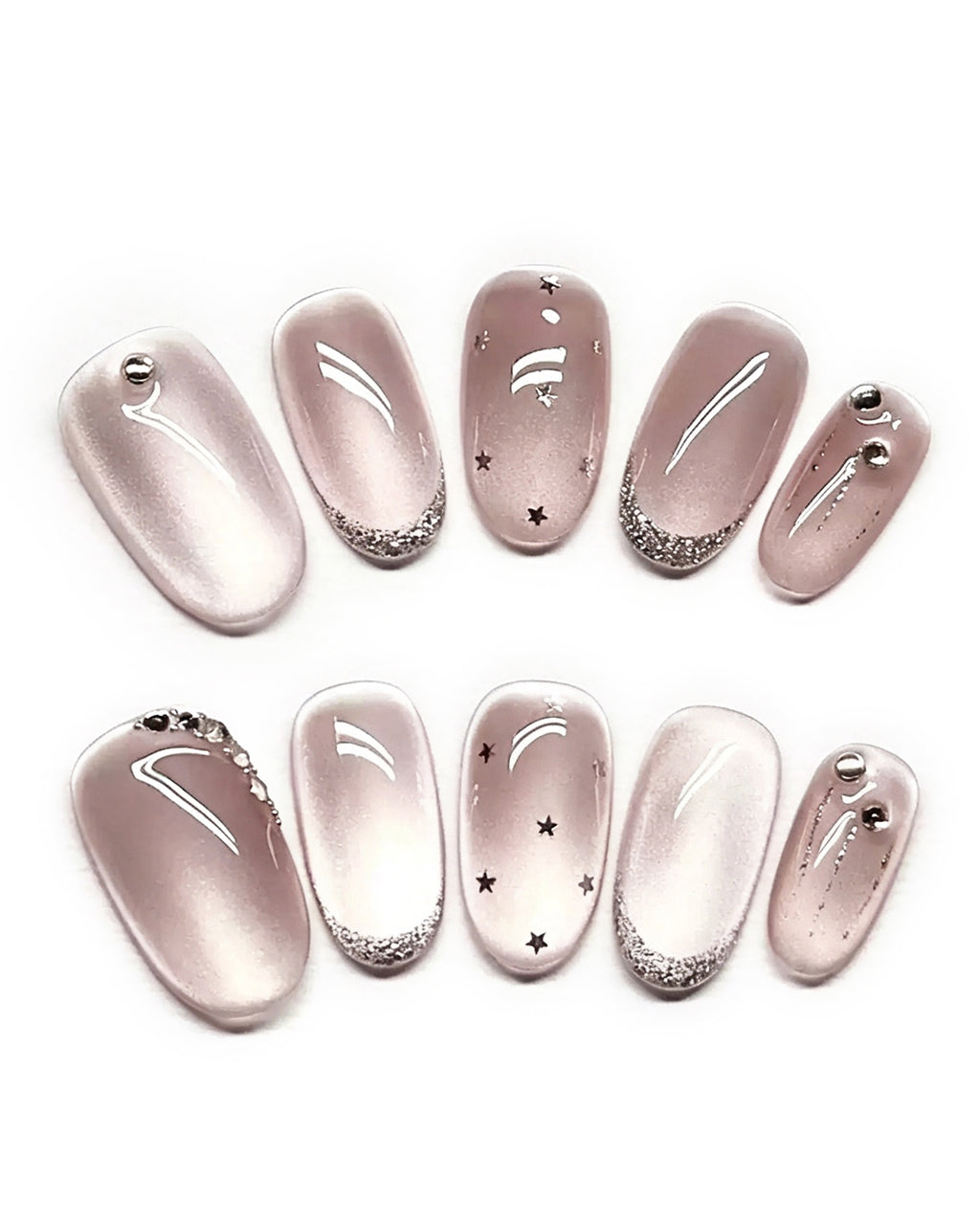 Mist Shrouds Camellia | Handcrafted Sheer Nude Cat-Eye & Silver French Nails