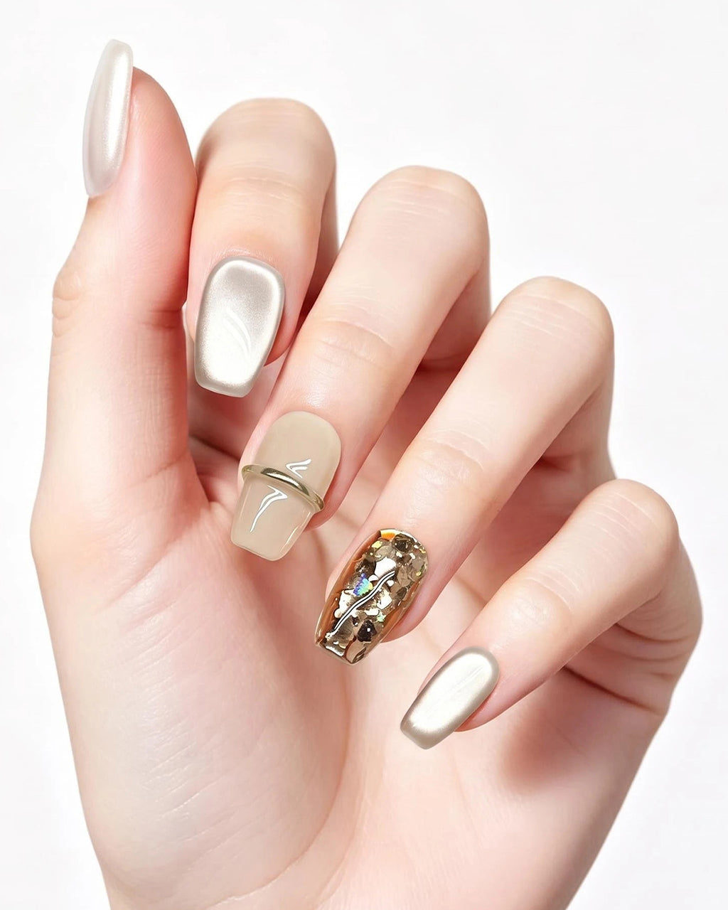 Soft & Versatile | Handcrafted Pearl Cat-Eye & 3D Gold Accent Press-On Nails