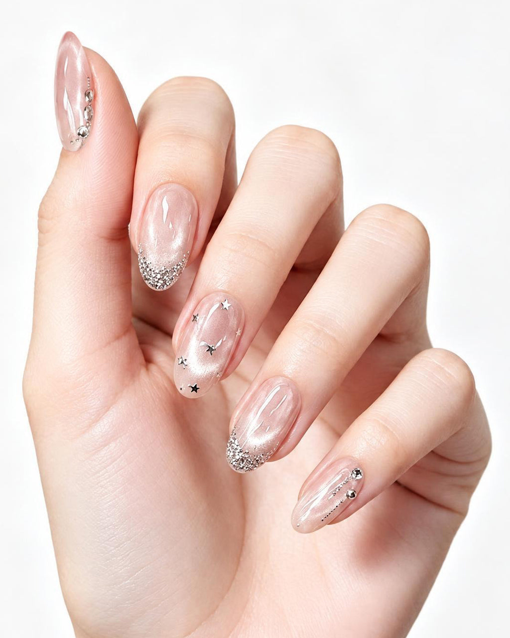 Handcrafted Celestial Stars & Nude Cat-Eye Press-On Nails
