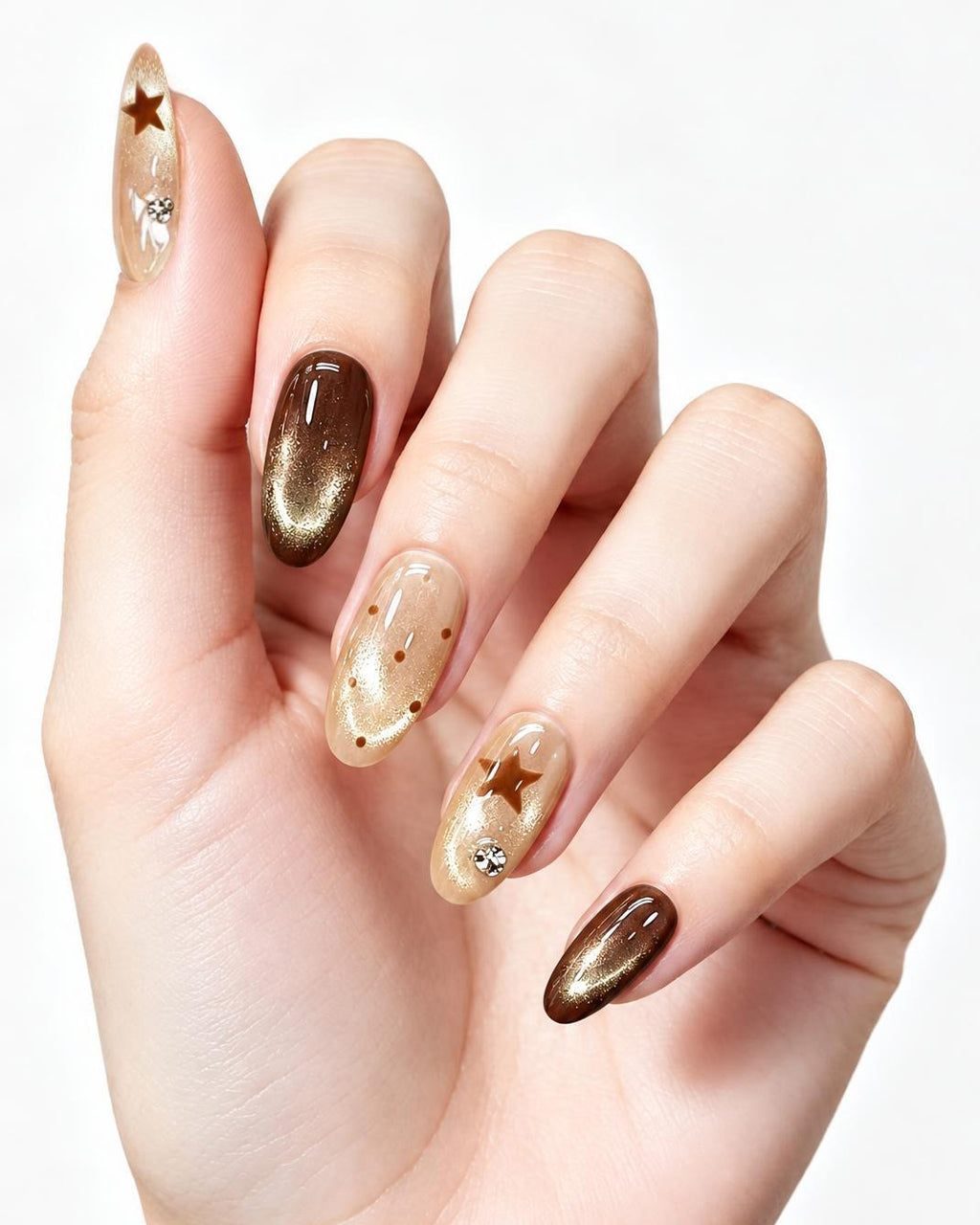 Mocha Starlet | Handcrafted Chocolate Cat-Eye & Retro Star Press-On Nails