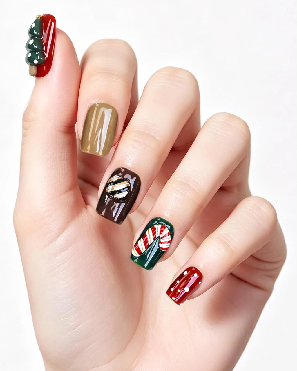 Christmas Fairy Tale | Handcrafted 3D Christmas Tree & Candy Cane Press-On Nails
