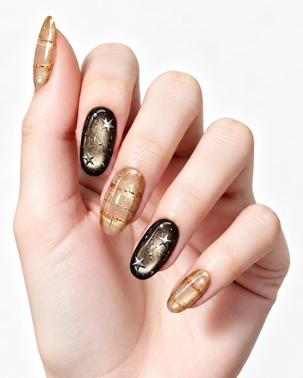 Celestial Star Cat-Eye Plaid Nails | Handcrafted