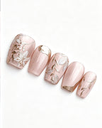 Ice Flower | Handcrafted Magnolia & Metallic Gold French Press-On Nails