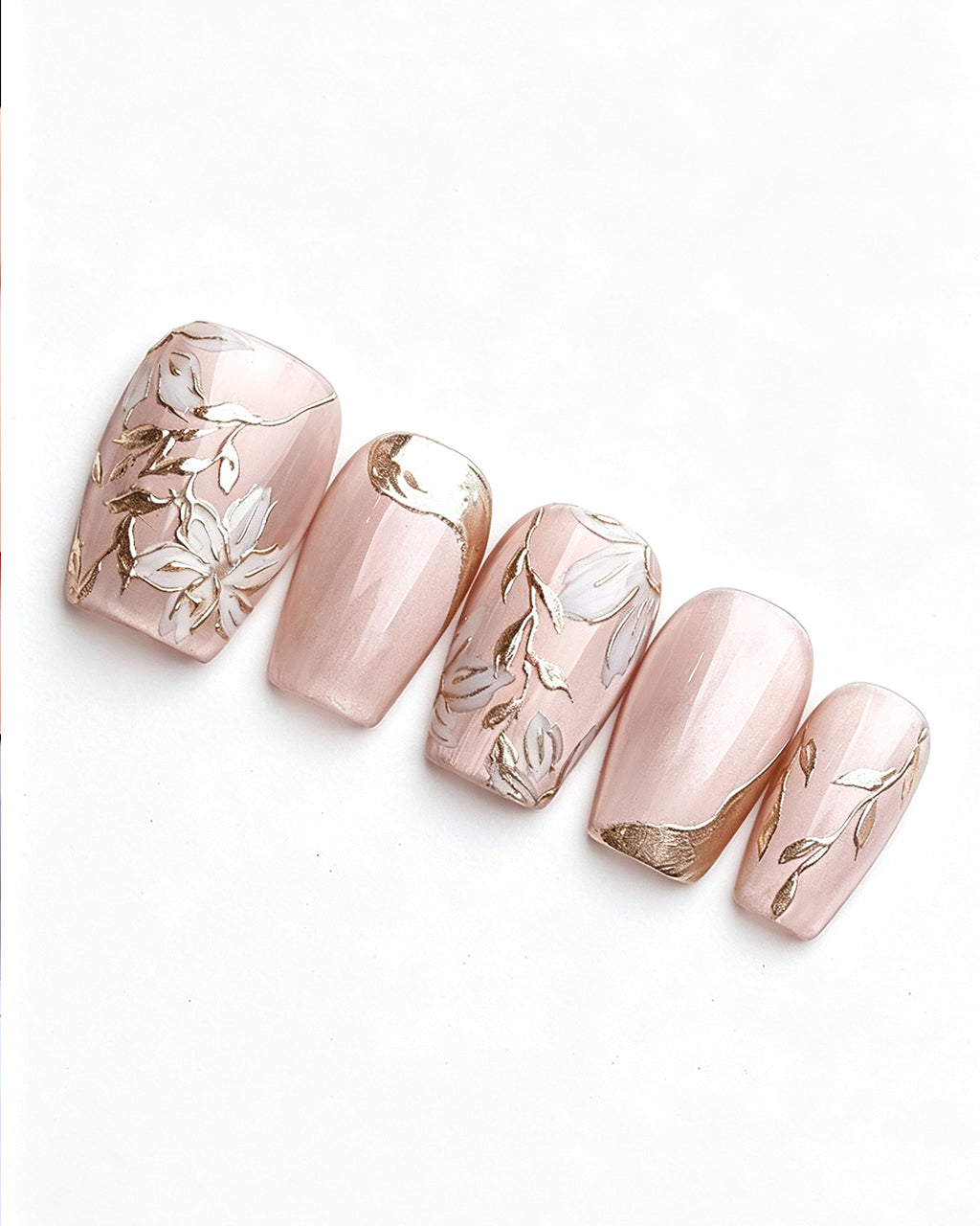 Ice Flower | Handcrafted Magnolia & Metallic Gold French Press-On Nails