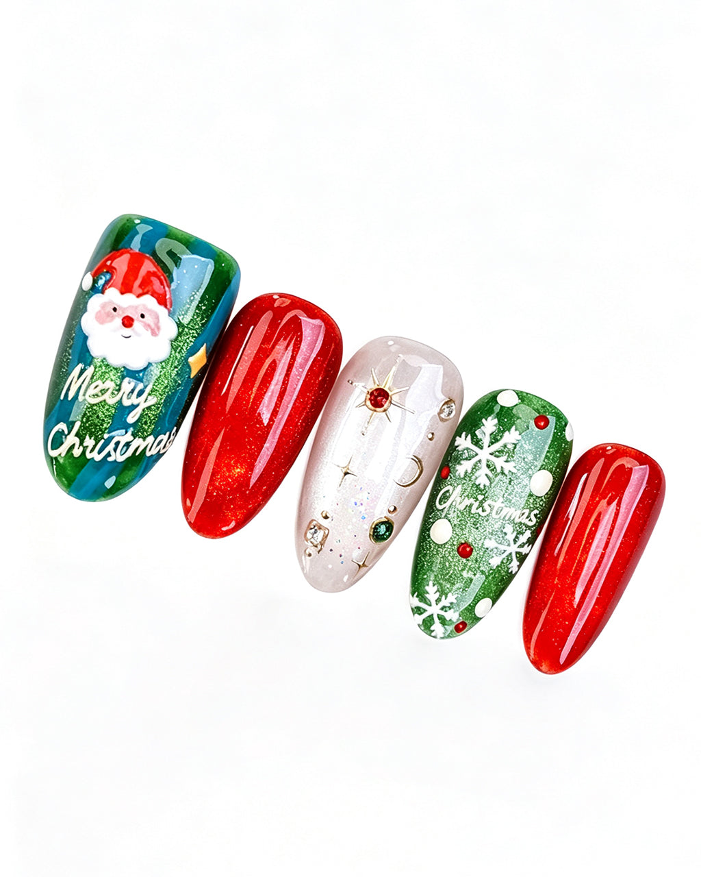Christmas Press On Nails - Red & Green Festive Almond Nails with Snowflake Art