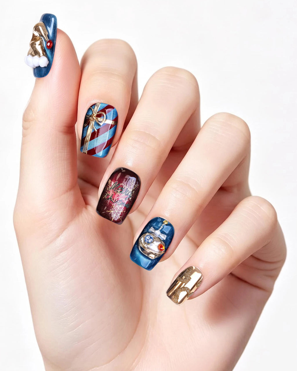 Christmas Fantasy | Handcrafted Navy Cat-Eye & 3D Holiday Press-On Nails