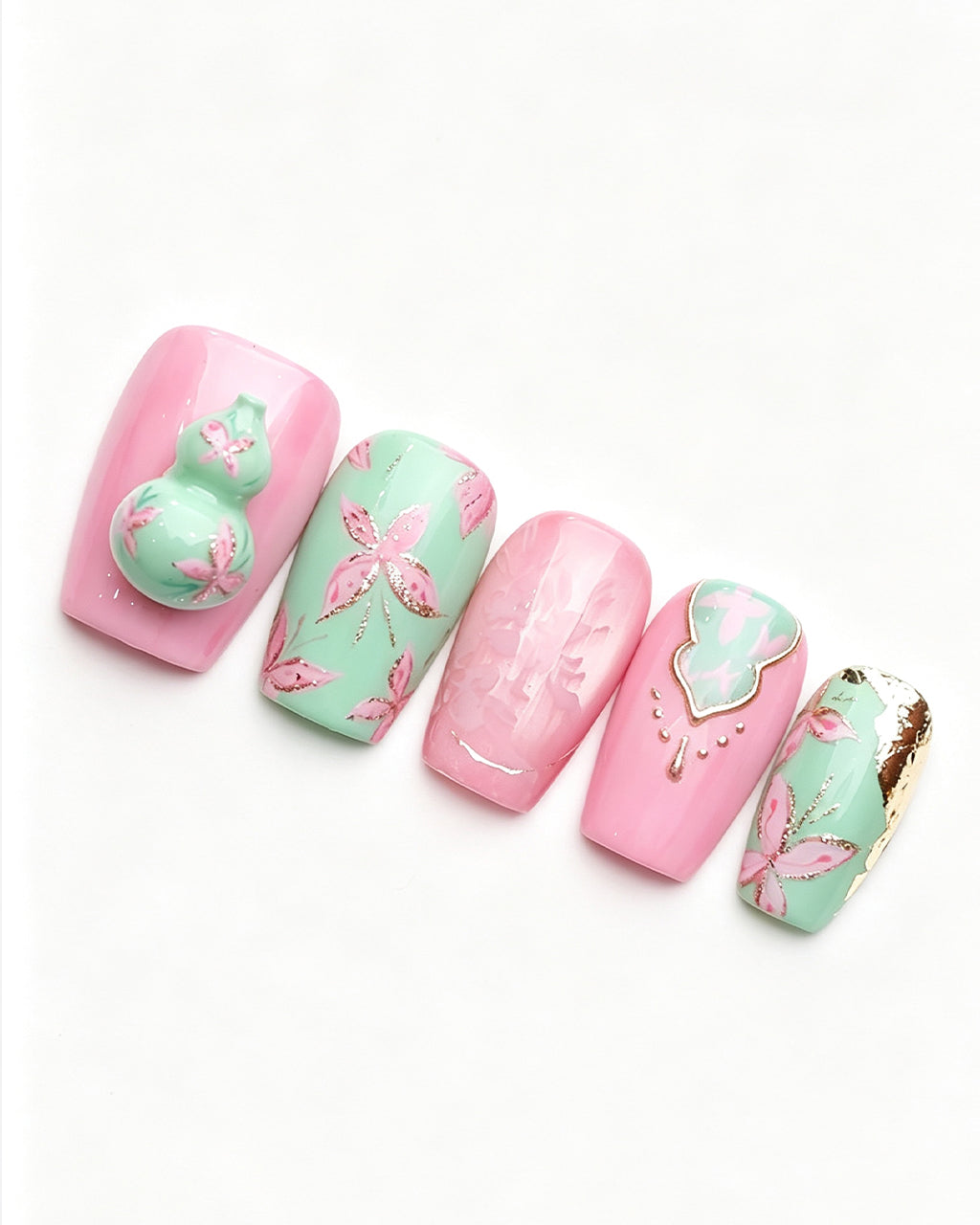 Blessing & Prosperity | Handcrafted Spinning Jade Gourd & Butterfly Press-On Nails