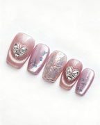 Lavender Lilac Cat Eye Press On Nails - Silver Heart Short Square Nails