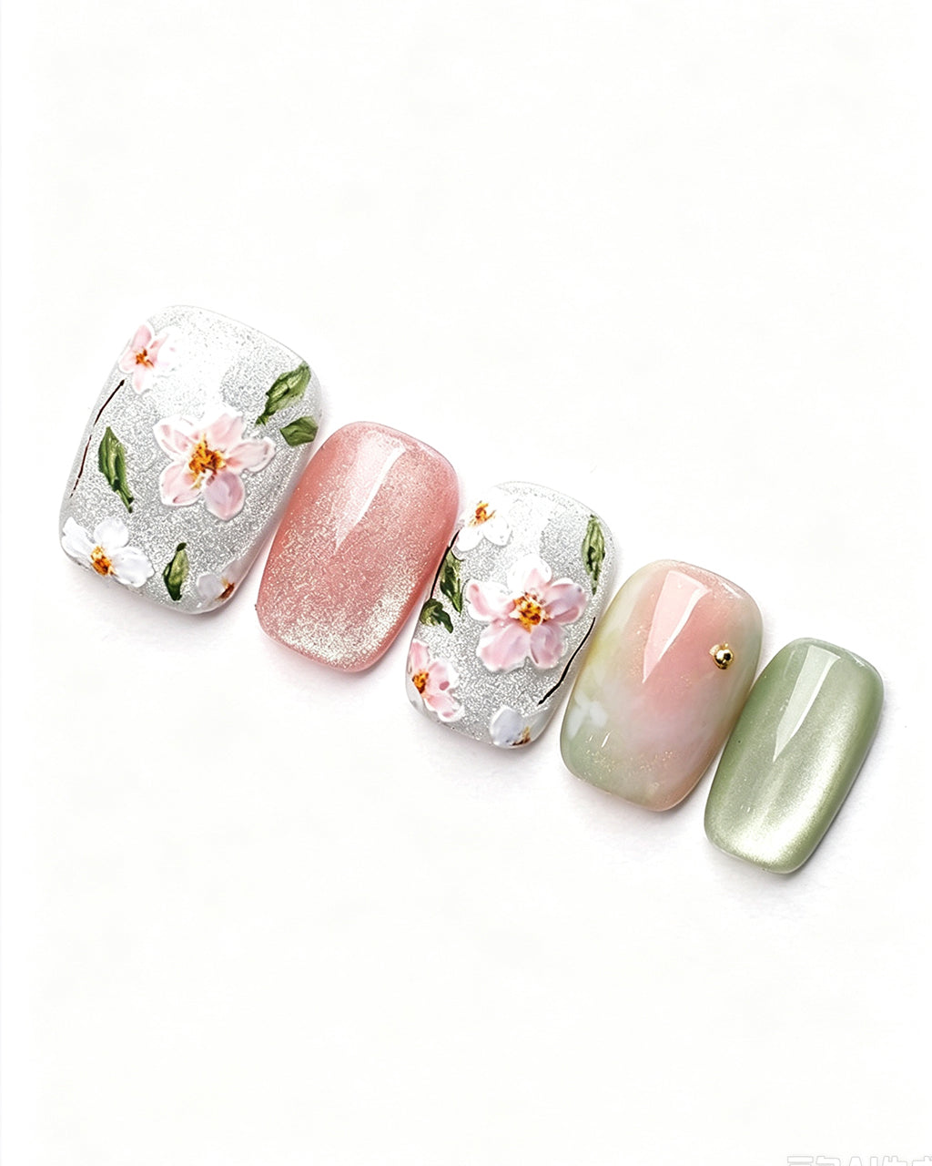 Jasmine Peach | Hand-Painted Floral & Cat Eye Press-On Nails