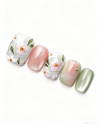 Jasmine Peach | Hand-Painted Floral & Cat Eye Press-On Nails