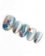 Dew Bubbles | Ice Blue Cat Eye & Chrome French Tip Press-On Nails