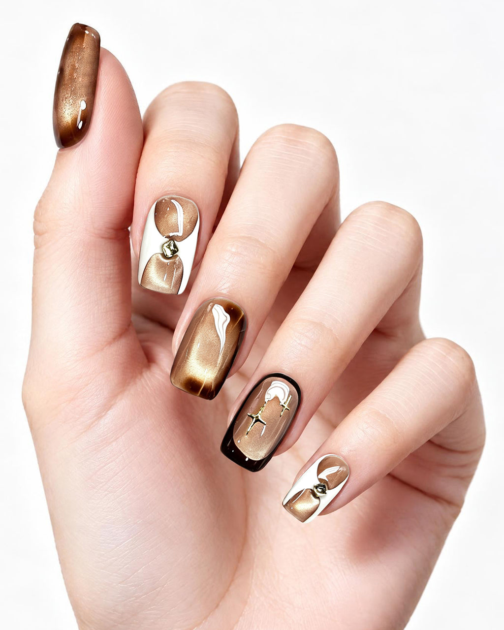 Golden Mocha Cat-Eye Press-On Nails | Handcrafted