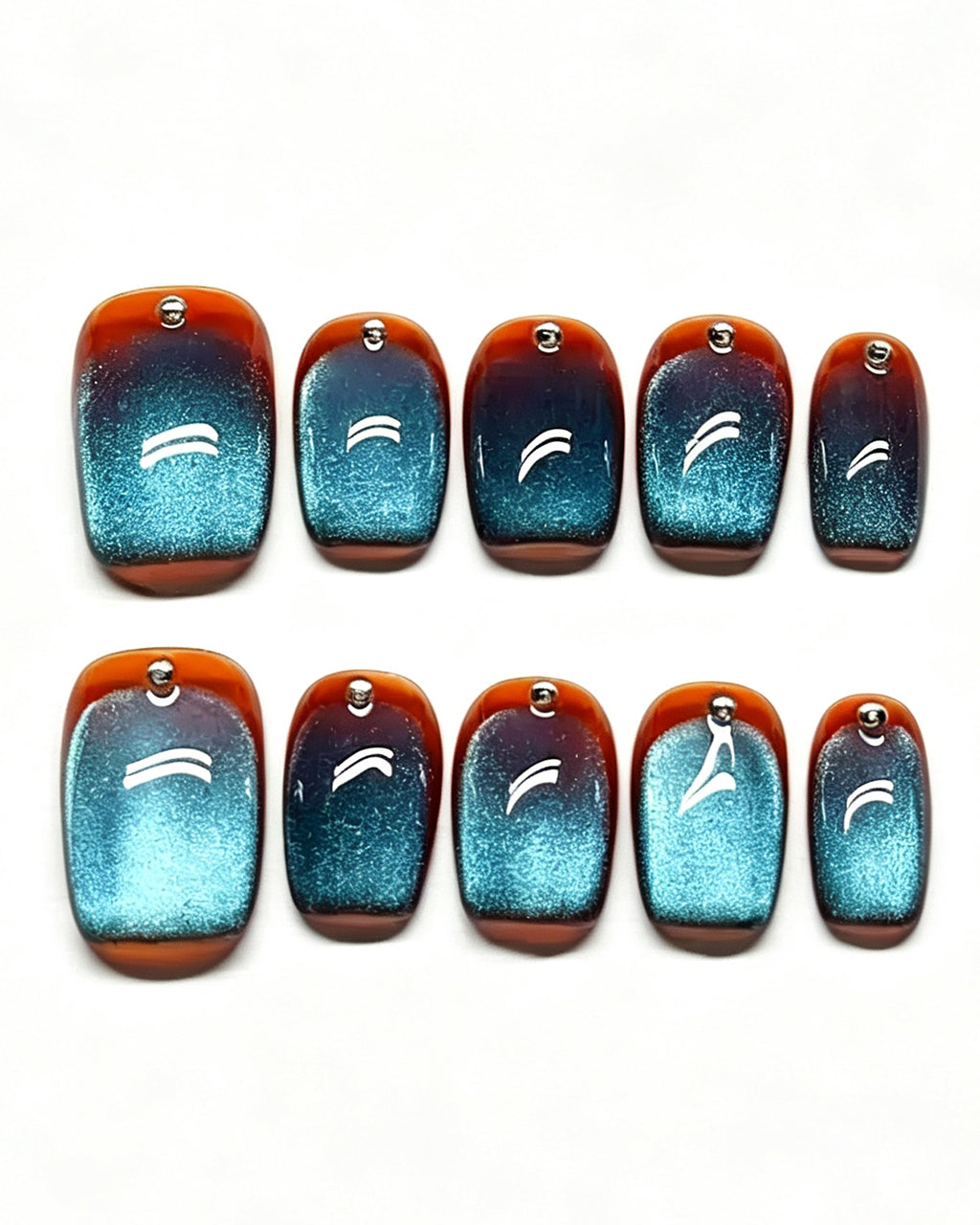 Deep Ocean | Handcrafted Ocean Blue Cat-Eye & Amber Border Press-On Nails