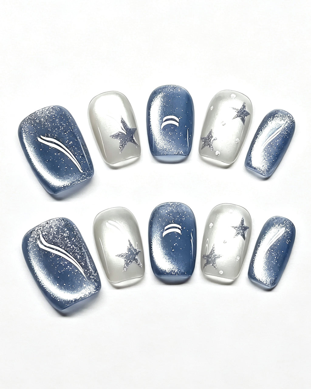 Star Flecks | Handcrafted Celestial Cat-Eye & Silver Star Press-On Nails