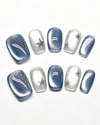 Star Flecks | Handcrafted Celestial Cat-Eye & Silver Star Press-On Nails