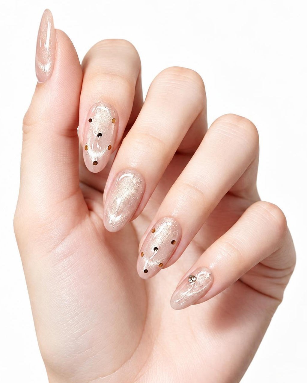 Champagne Dew | Handcrafted Blush Cat-Eye & Golden Polka Dot Press-On Nails