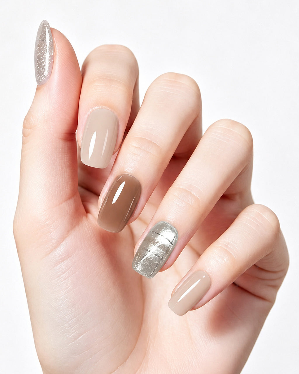Caramel Latte | Handcrafted Caramel Brown & Silver Cat-Eye Press-On Nails