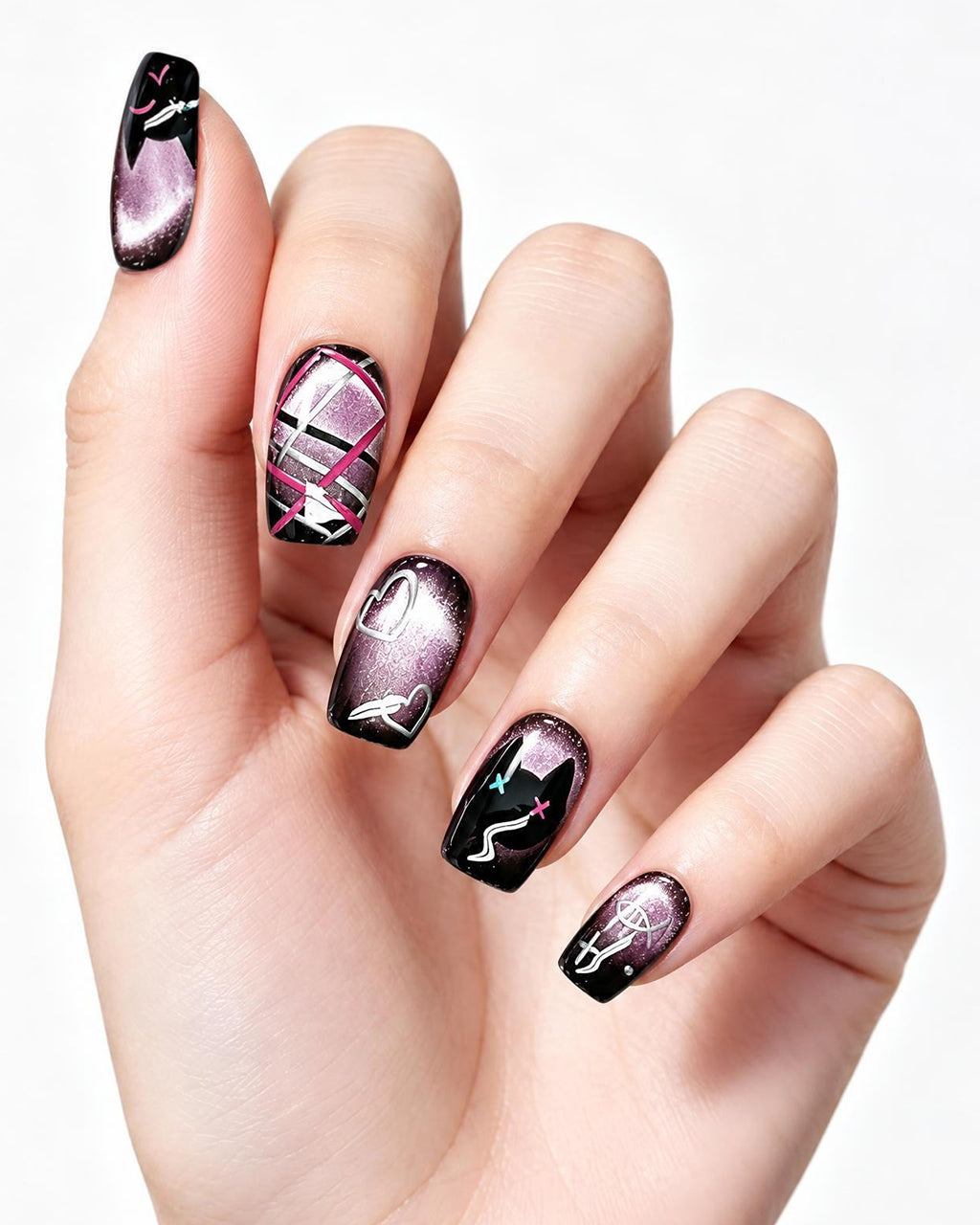 Black Framed Purple Cat-Eye Nails | Handcrafted