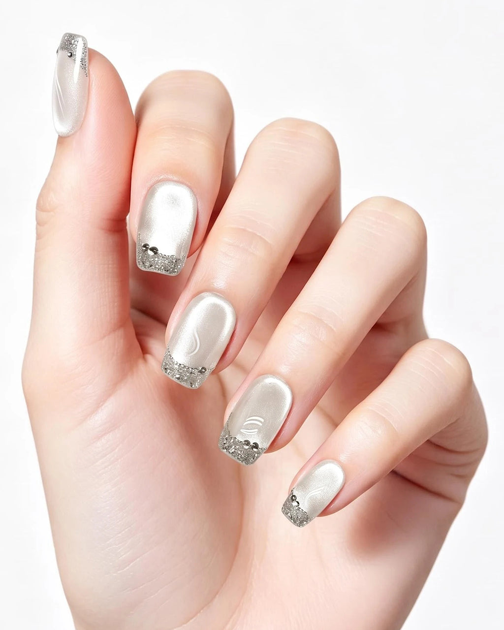 Bling Crushed Diamond | Handcrafted Milky Cat-Eye & Glitter French Nails