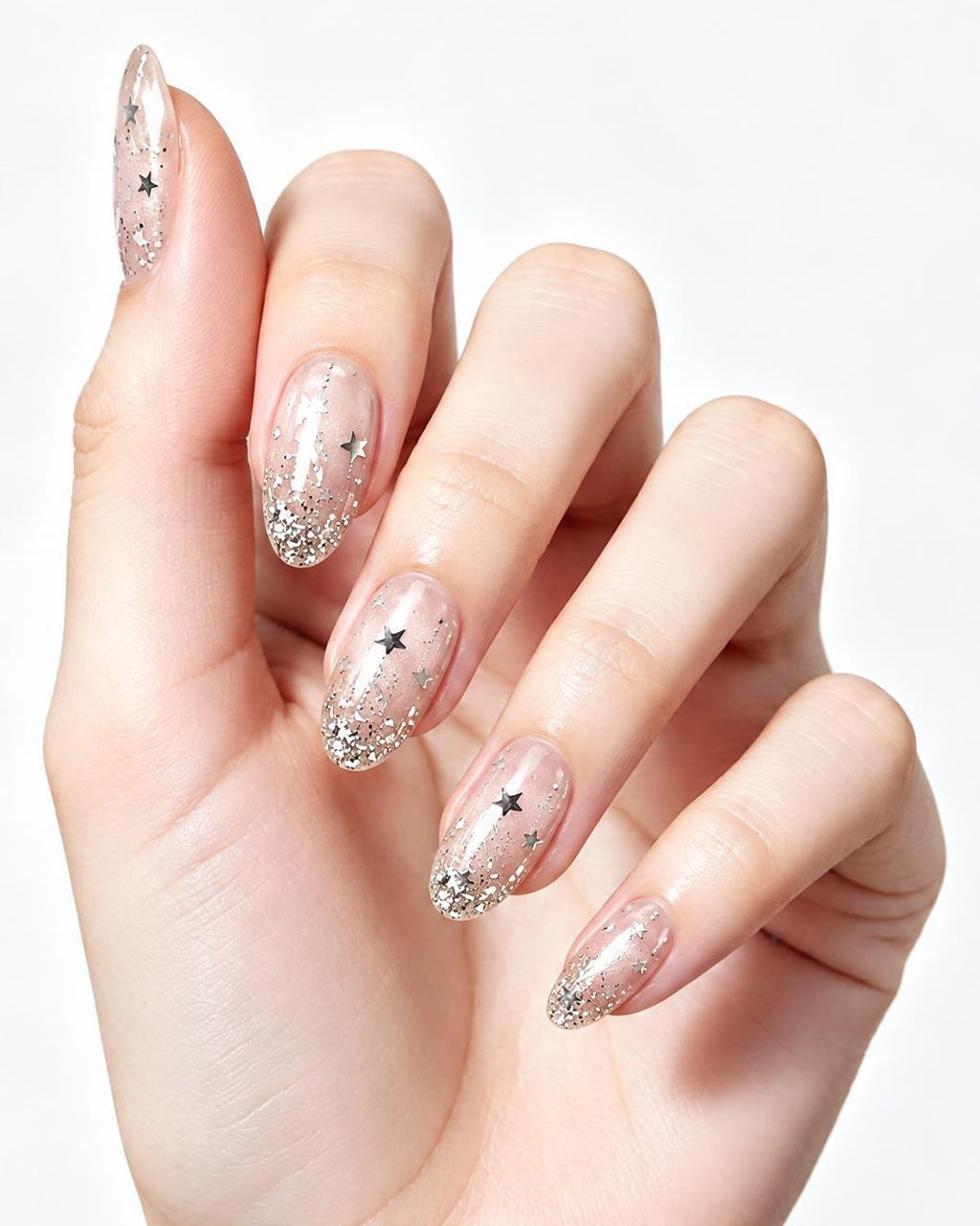 Celestial Star Press On Nails - Sheer Shimmer Nude Almond Nails with Starburst Art