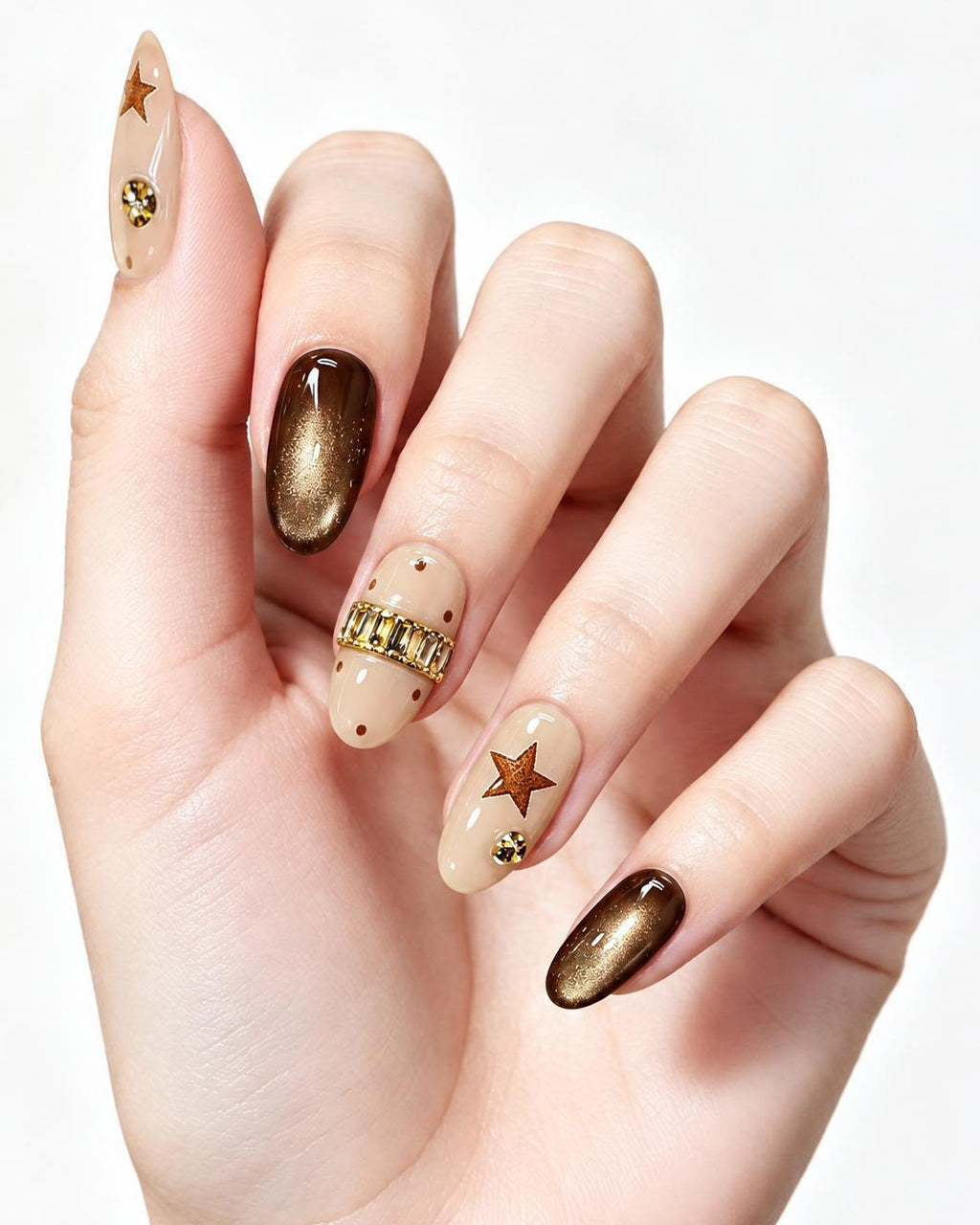 Mocha Cat-Eye Crystal Band Press-On Nails | Handmade