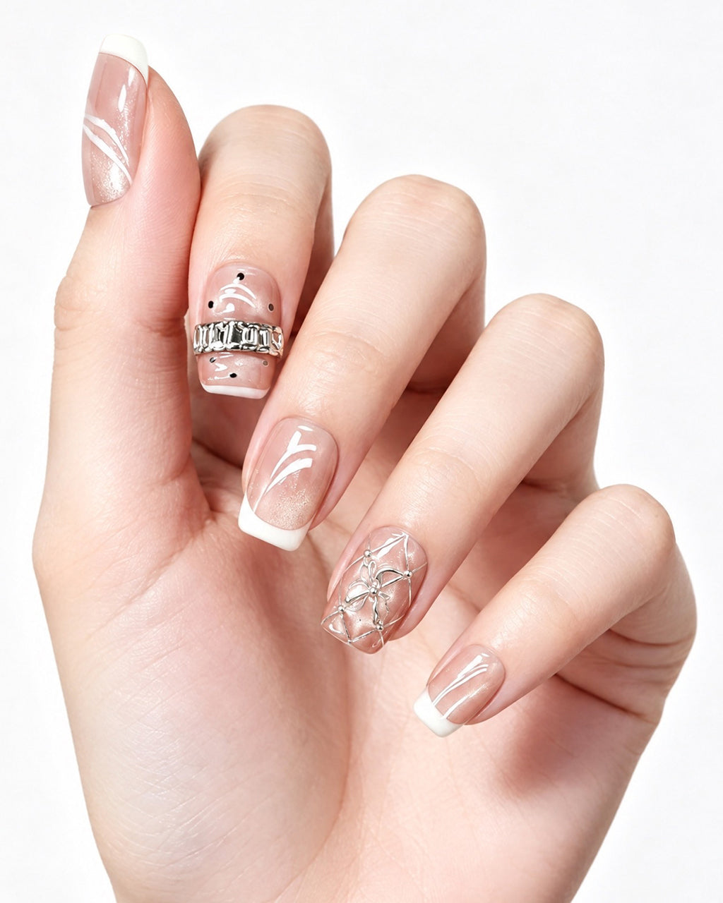 Coquette Glamour | Rose Nude Cat-Eye with 3D Ribbon & Quilted Lattice Nails