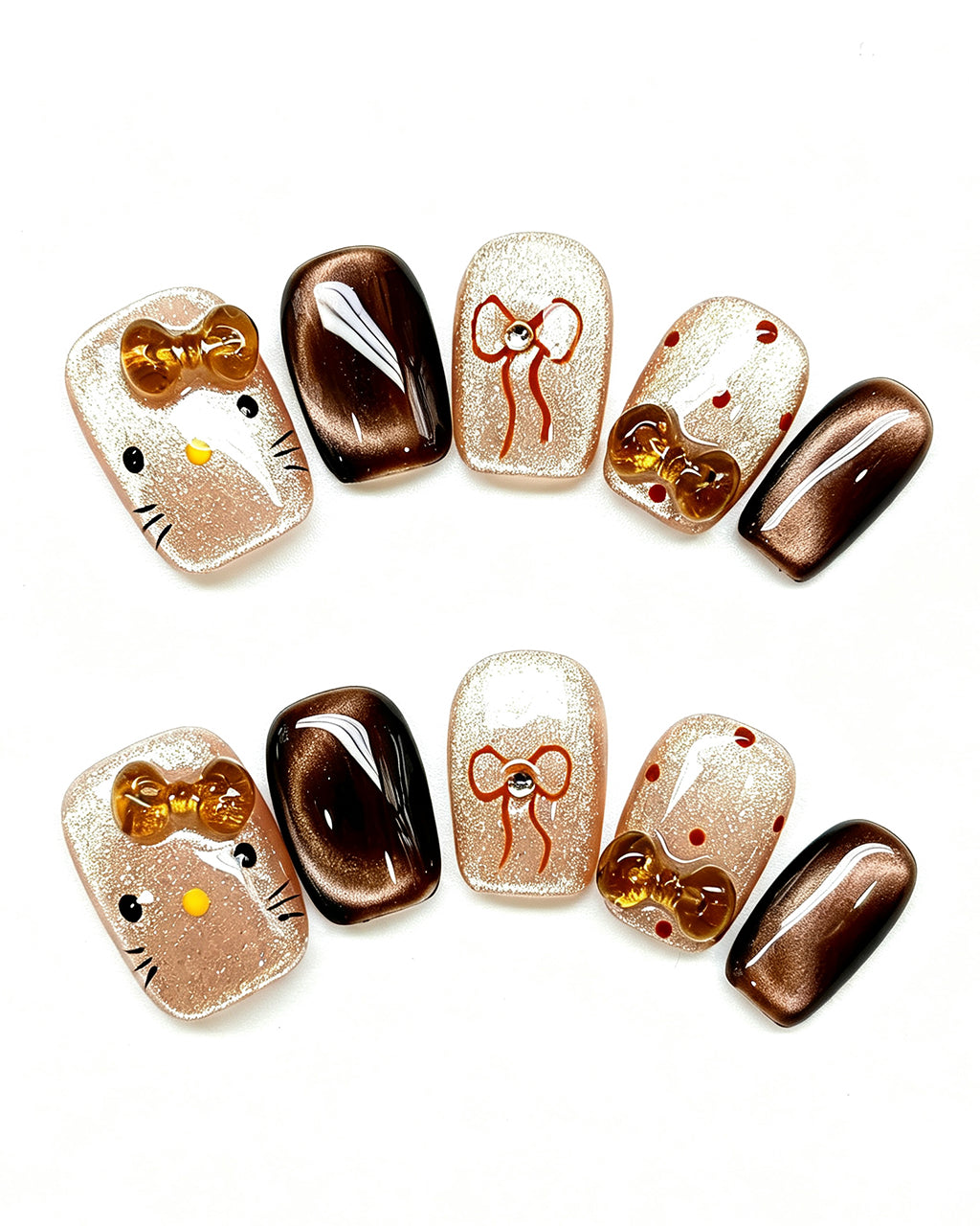 Caramel Brown Cat Eye Press On Nails - 3D Amber Bow Short Square Nails