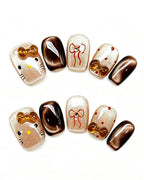 Caramel Brown Cat Eye Press On Nails - 3D Amber Bow Short Square Nails