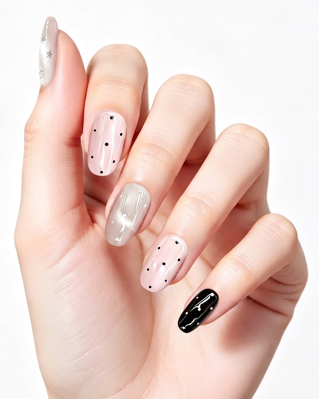 Parisian Girl | Pink & Black Polka Dot Handmade Press-On Nails