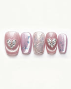 Lavender Lilac Cat Eye Press On Nails - Silver Heart Short Square Nails