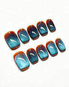 Deep Ocean | Handcrafted Ocean Blue Cat-Eye & Amber Border Press-On Nails