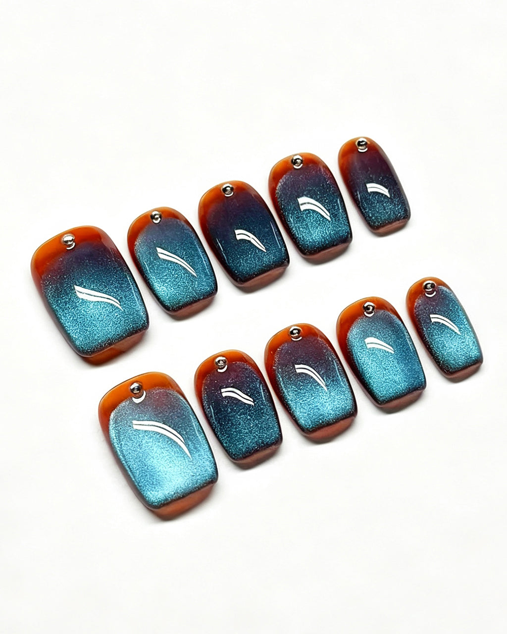 Deep Ocean | Handcrafted Ocean Blue Cat-Eye & Amber Border Press-On Nails