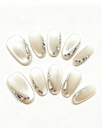 Silver Cat-Eye Crystal Chrome Nails | Handcrafted