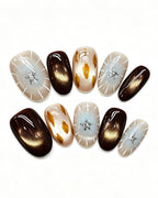 Mocha Starlight | Handcrafted Espresso Cat-Eye & Celestial Starburst Press-On Nails