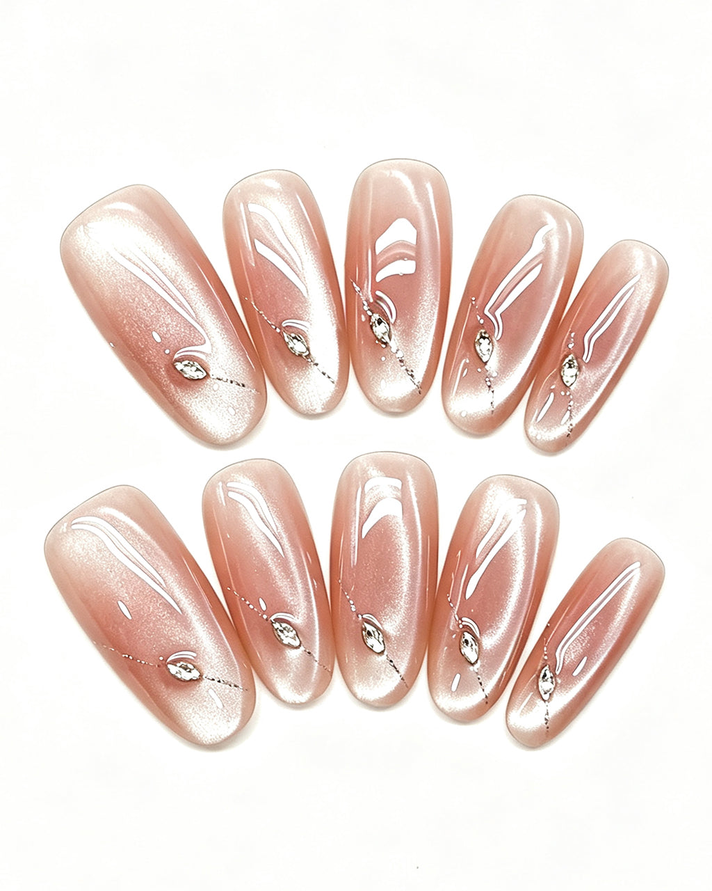 Nude Pink Shimmer Crystal Nails | Handcrafted