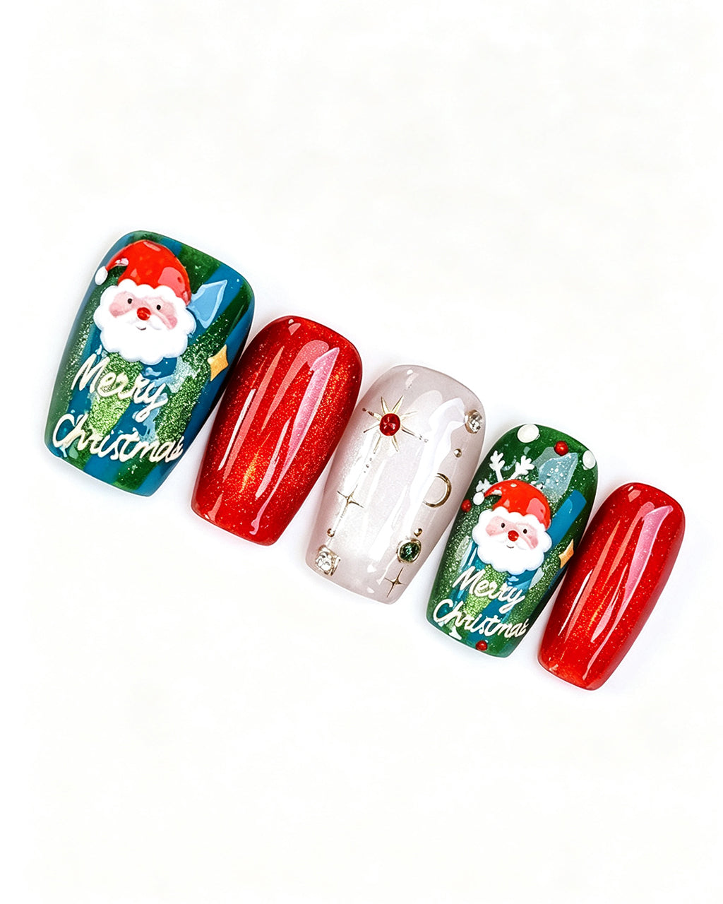 Christmas Press On Nails - Red & Green Festive Almond Nails with Snowflake Art