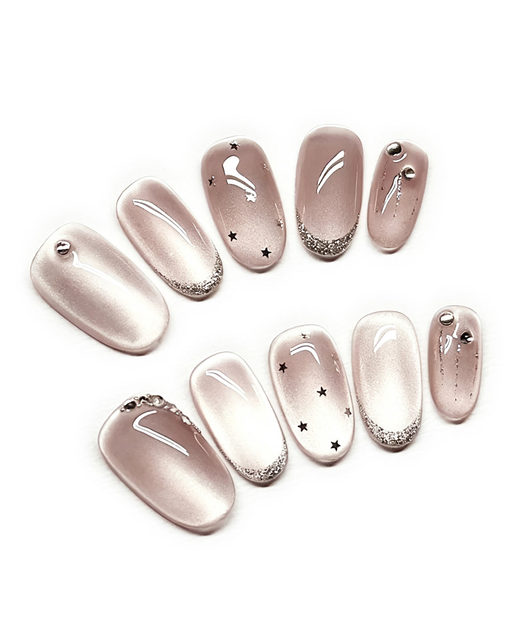 Mist Shrouds Camellia | Handcrafted Sheer Nude Cat-Eye & Silver French Nails
