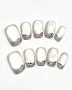 Bling Crushed Diamond | Handcrafted Milky Cat-Eye & Glitter French Nails