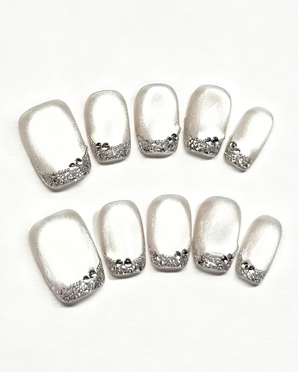 Bling Crushed Diamond | Handcrafted Milky Cat-Eye & Glitter French Nails
