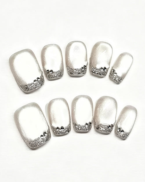 Bling Crushed Diamond | Handcrafted Milky Cat-Eye & Glitter French Nails