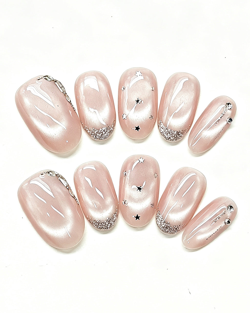 Handcrafted Celestial Stars & Nude Cat-Eye Press-On Nails