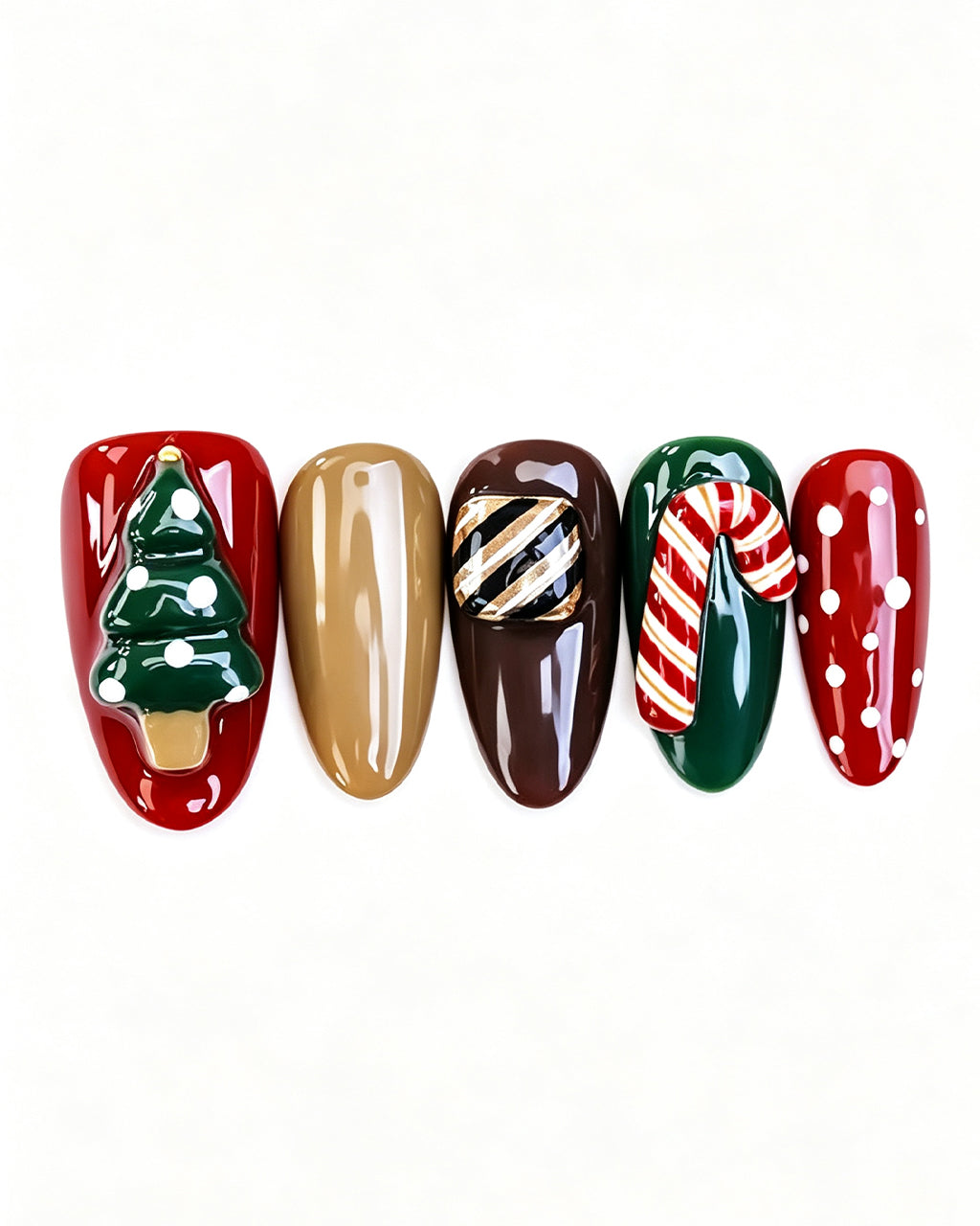 Christmas Fairy Tale | Handcrafted 3D Christmas Tree & Candy Cane Press-On Nails