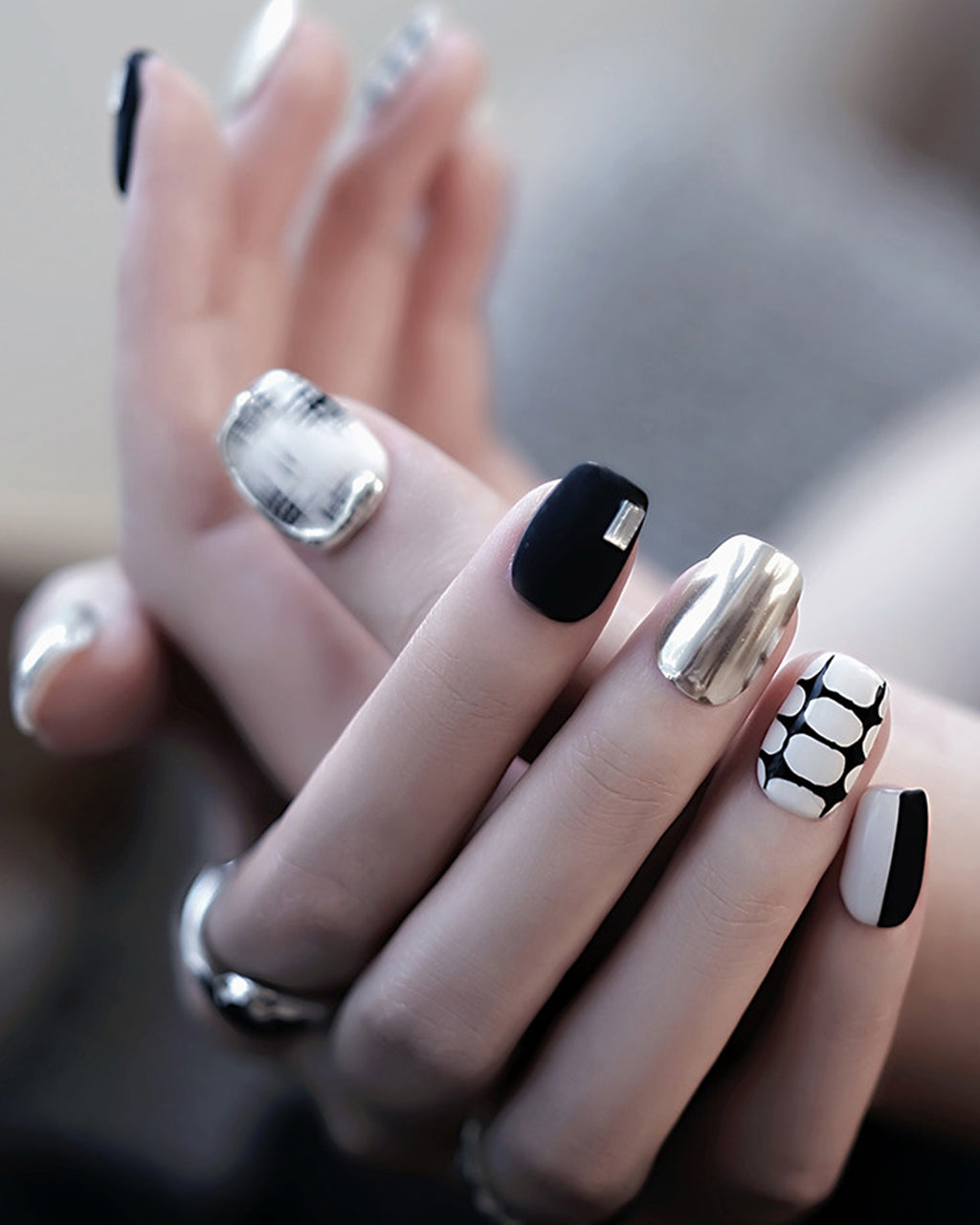 Black and White Tweed Press On Nails - Vintage Plaid & Gold Short Square Nails