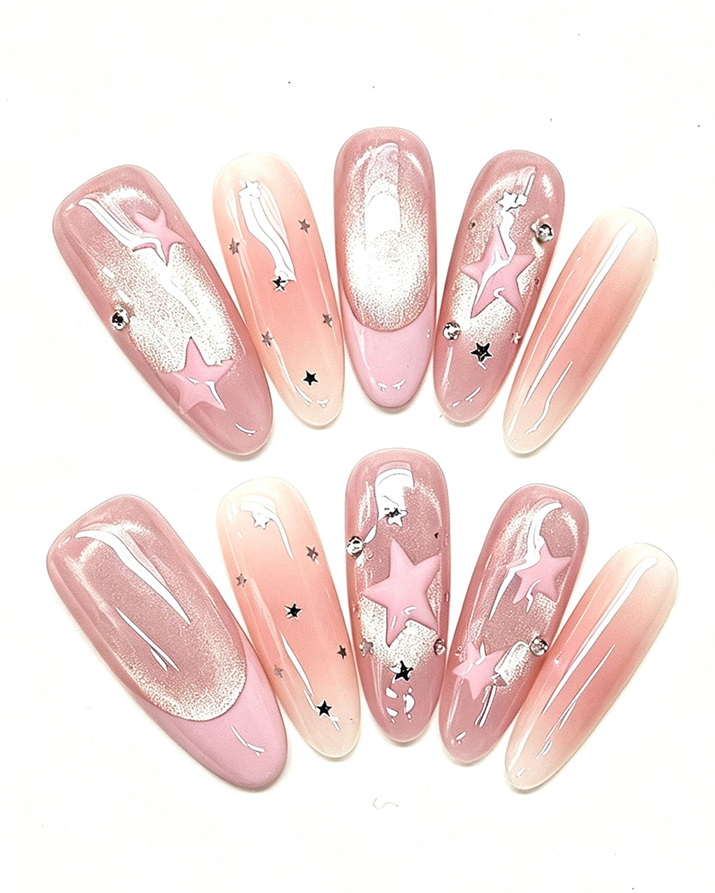 Pink Nebula | Handcrafted Celestial Stars & Velvet Cat-Eye Almond Press-On Nails