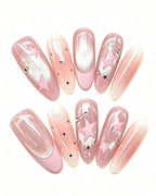 Pink Nebula | Handcrafted Celestial Stars & Velvet Cat-Eye Almond Press-On Nails