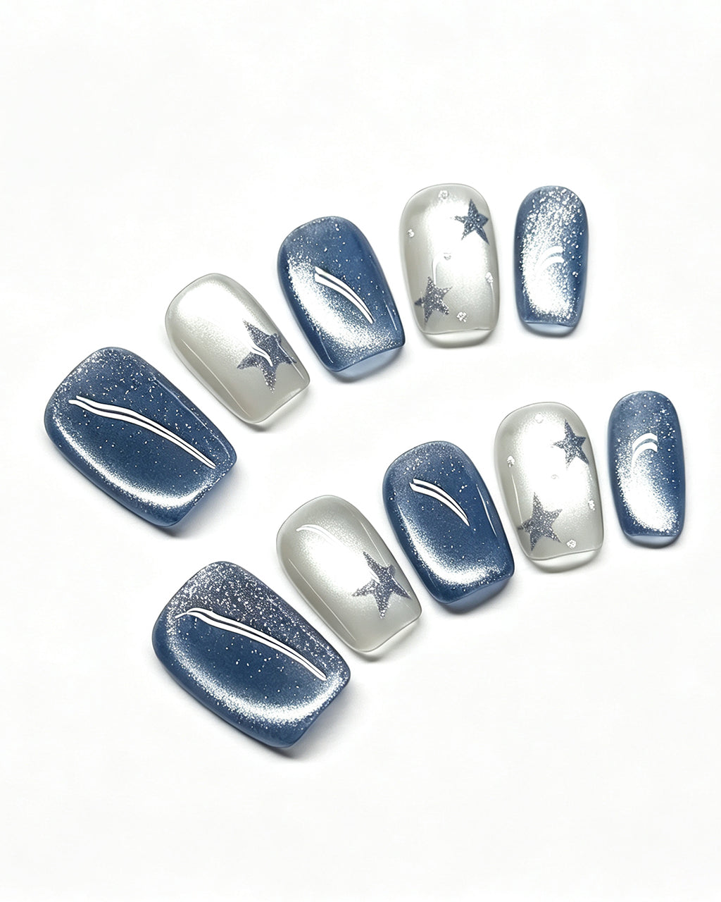 Star Flecks | Handcrafted Celestial Cat-Eye & Silver Star Press-On Nails